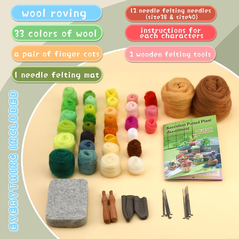 Wool Felting Package Material Succulent Plants Non-Finished DIY Arts Crafts Needlework Yarn Needle Felting Starter Kit 1Set