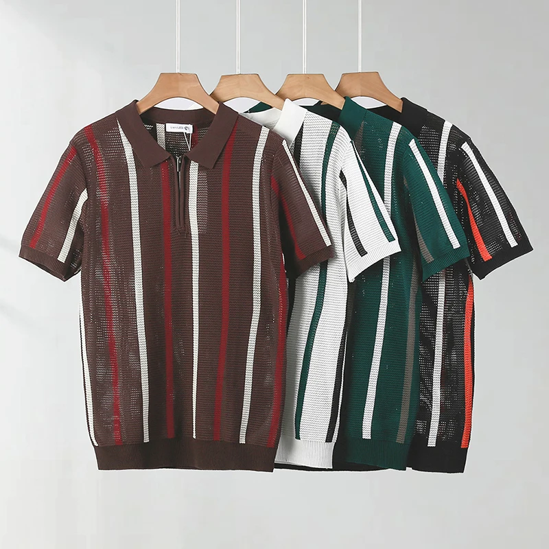 Stylish Mens Knitting Mesh Polo Shirts 2025 Summer Casual Hollow Out Knitted Polo Shirt Men Vintage Striped Lapel Zipper Polos 8 S556c1a6b6f064f3481e1a1a4418a2501V