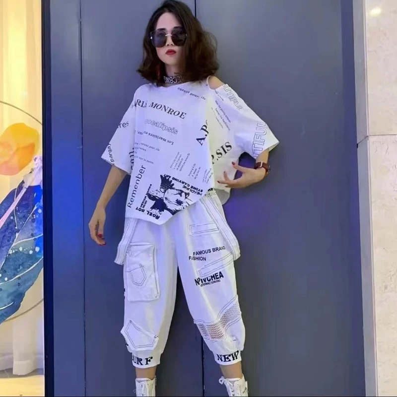 

Mesh Patchwork Women's White Tops Pants 2 PCS SET Matching Sets Fashion Suit 2023 Loose Harem Pants Two Pieces Tracksuit XC166