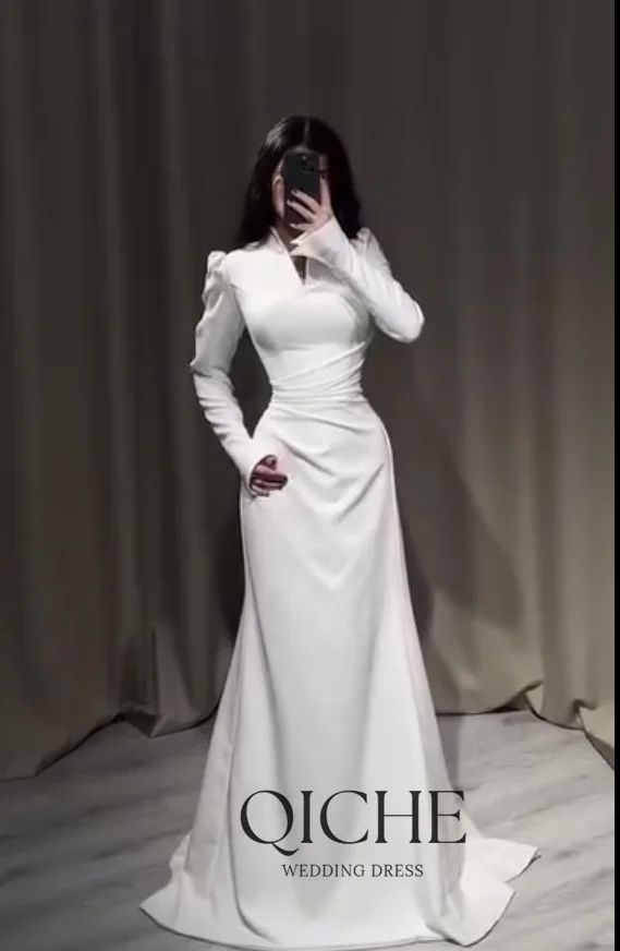 QICHE Modest Muslim Wedding Dresses High Collar Long Sleeves Bridal Gown Customized Saudi Dubai Modest Bride's Dresses 2026