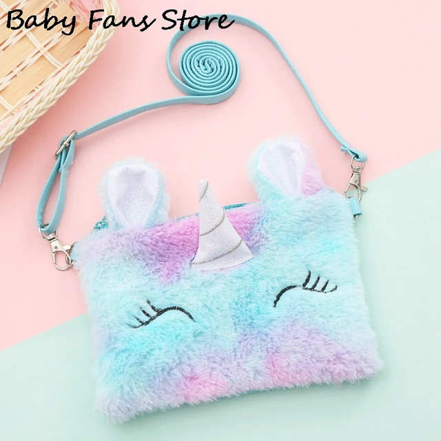 Kawaii Money Purse Flurry Plush Shoulder Bag Children Kids Handbags Cartoon Colorful Unicorn Crossbody Bags Animal Belts Wallets 2