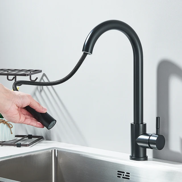 Rubinetto da cucina estraibile nero Miscelatore per lavello da cucina flessibile con acqua calda e fredda montato sul piano con ugello per modalità doccia a flusso 2