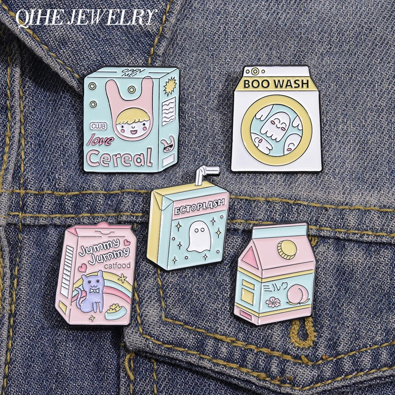 Cartoon Milk Box Cat Ghost Smalto Pin Spooky Colorful Love Cereal Badge Jewelry Custom Risvolto Camicia Zaino Amico Regalo Per Bambini