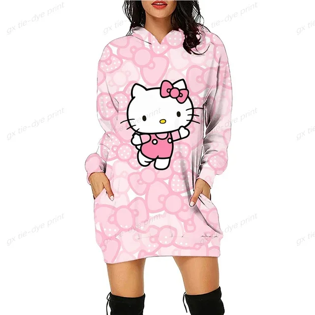 Sudadera de gran tamaño para mujer, con estampado de HELLO KITTY, cuello redondo, manga larga, jerséis de dibujos animados, ropa informal para mujer, otoño y primavera, ajustada