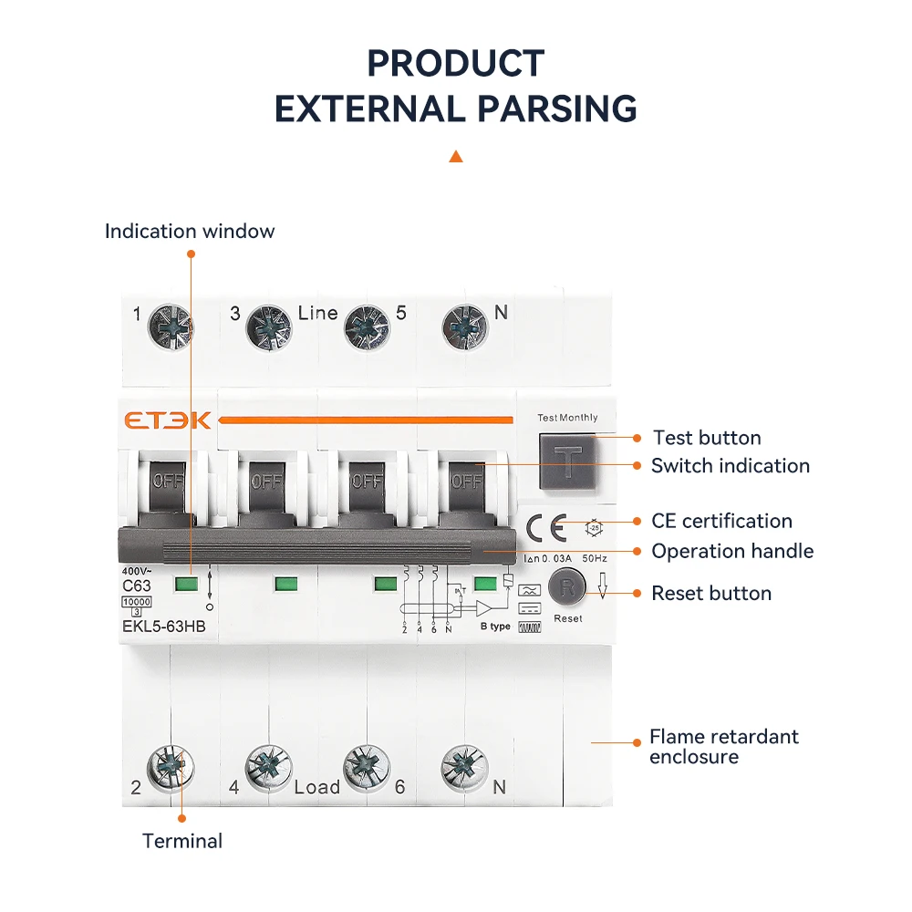 ETEK tipo B RCBO interruttore automatico residuo 10KA 3P + N 4P 40a 63a protezione contro le perdite di sovracorrente 30mA EKL5