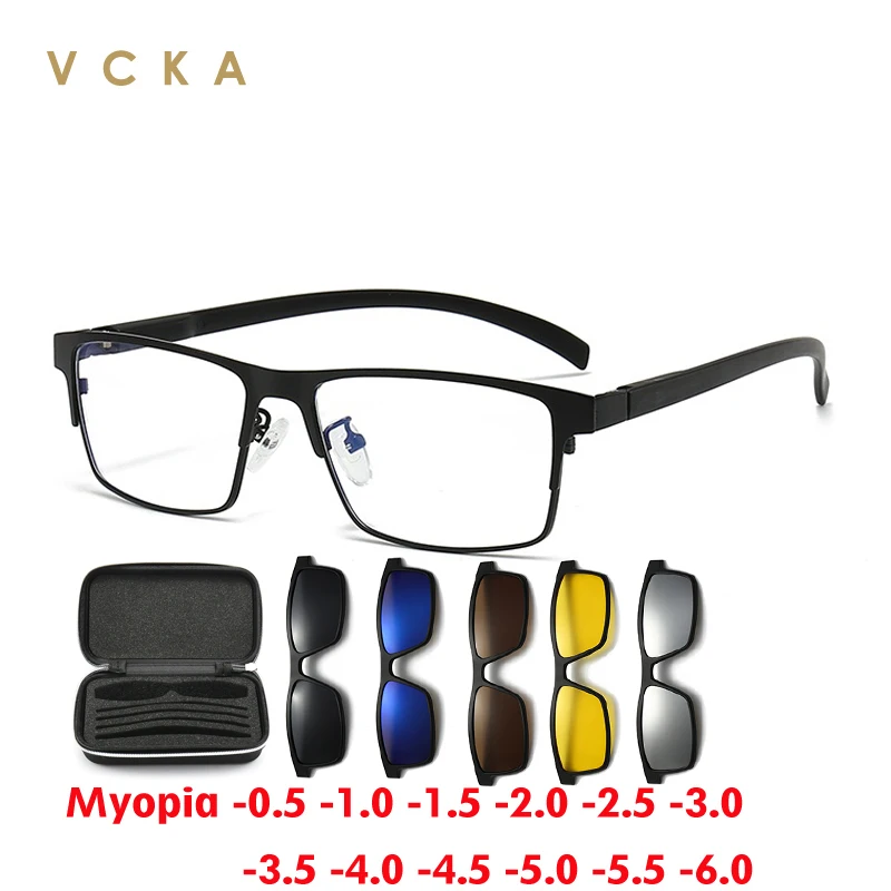 

VCKA 6 In1 Polarized Myopia Sunglasses Full Frame Men Women Magnetic Clip Glasses Alloy Optical Prescription Eyewear-0.5 to -6.0