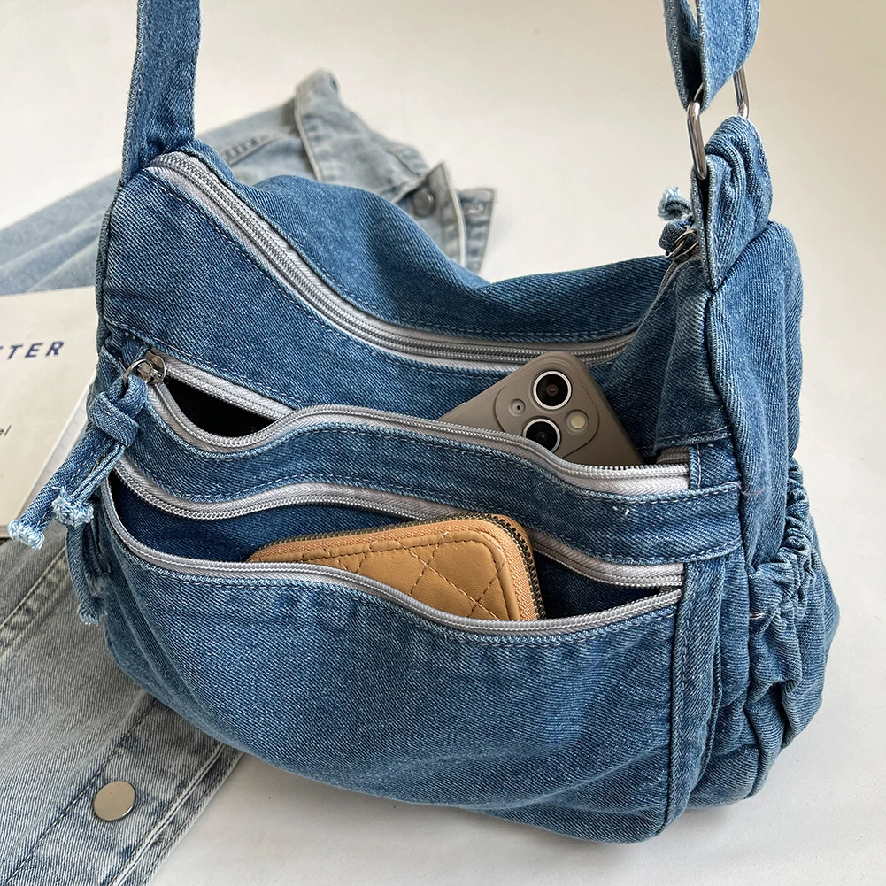Denim Messenger Bag for Women Fashion Shoulder Bags Casual Crossbody Bags Multi-pockets Tote Bag 2024 New Female Retro Sling Bag