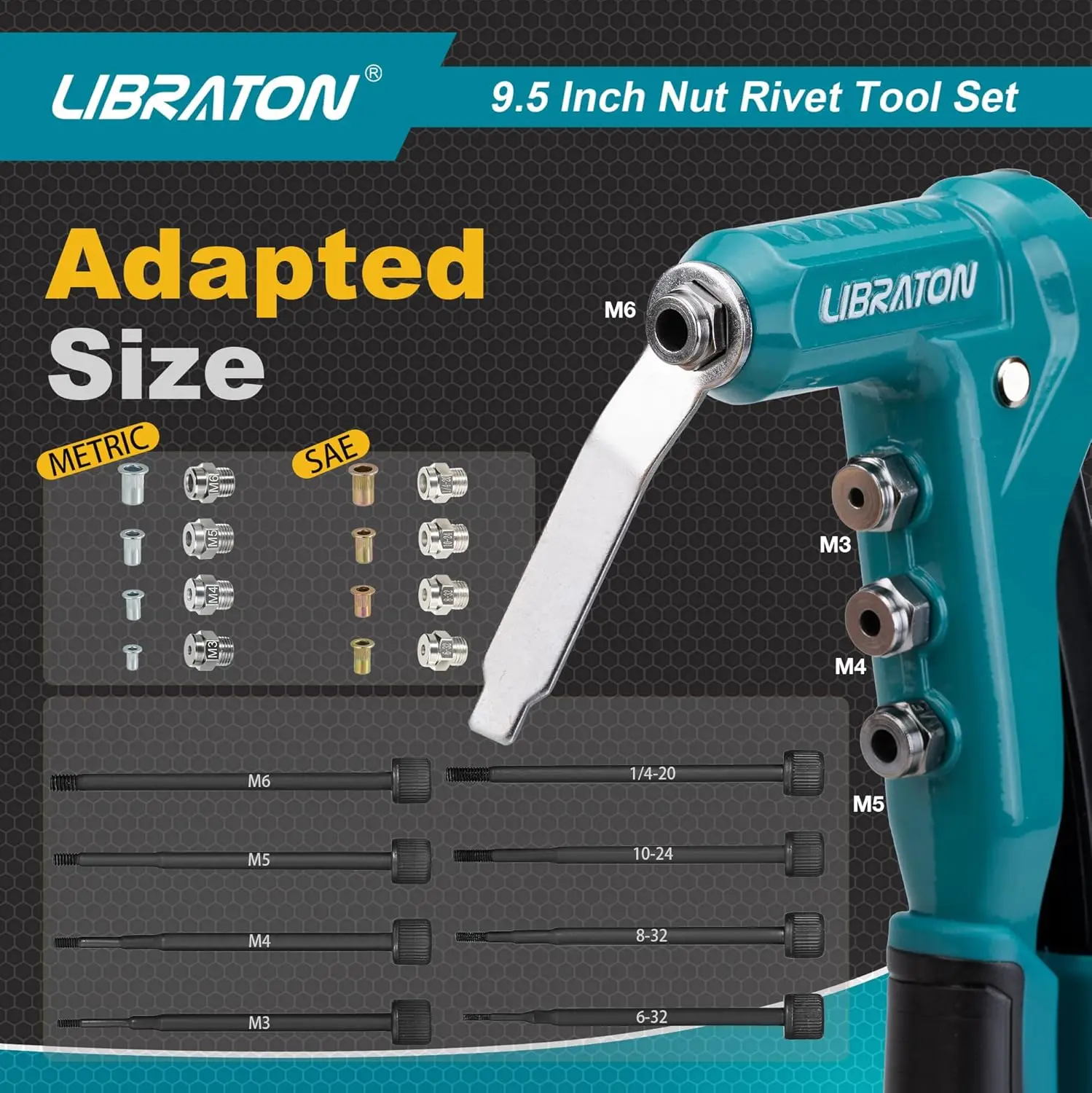 LIBRATON Rivet Nut Gun Kit, 9.5 Inch One-Handed Nut Rivet Gun with 80PCS Threaded Nuts Metric M3-M6 & SAE 6-32" to 1/4-20"