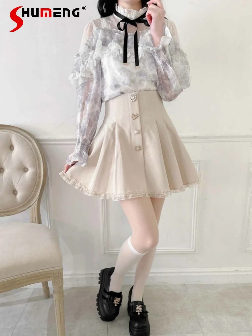 Japanese Style Ruffled A- Line Skirt for Women 2024 Spring and Summer New Sweet Single Row Irregular Buckle Hip Skirts Ladies