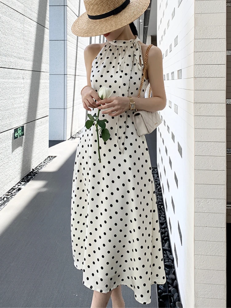 

Летнее элегантное женское платье миди без рукавов с лямкой на шее, повседневное женское винтажное платье в горошек, женская модная пляжная одежда