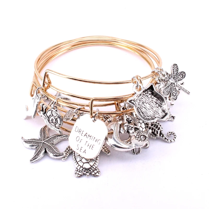 5pcs Bangle Set Wire Bracelets for Women Girls Jewllery Mixed Marine Life Starfish Dolphin Turtle Charm Bracelets C039
