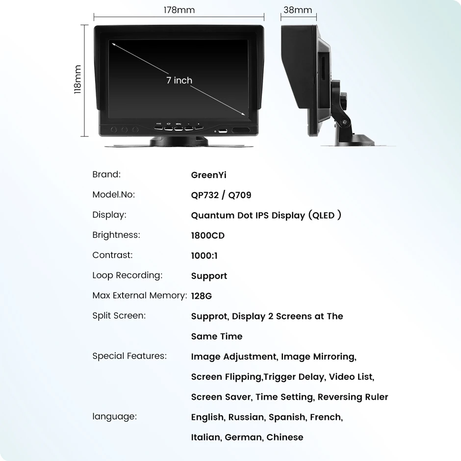 Car Display Monitor 7" Quantum Dot IPS QLED Display AHD DVR Monitor For Truck Car Fishing Support 1080P Camera Loop Recording Video Players