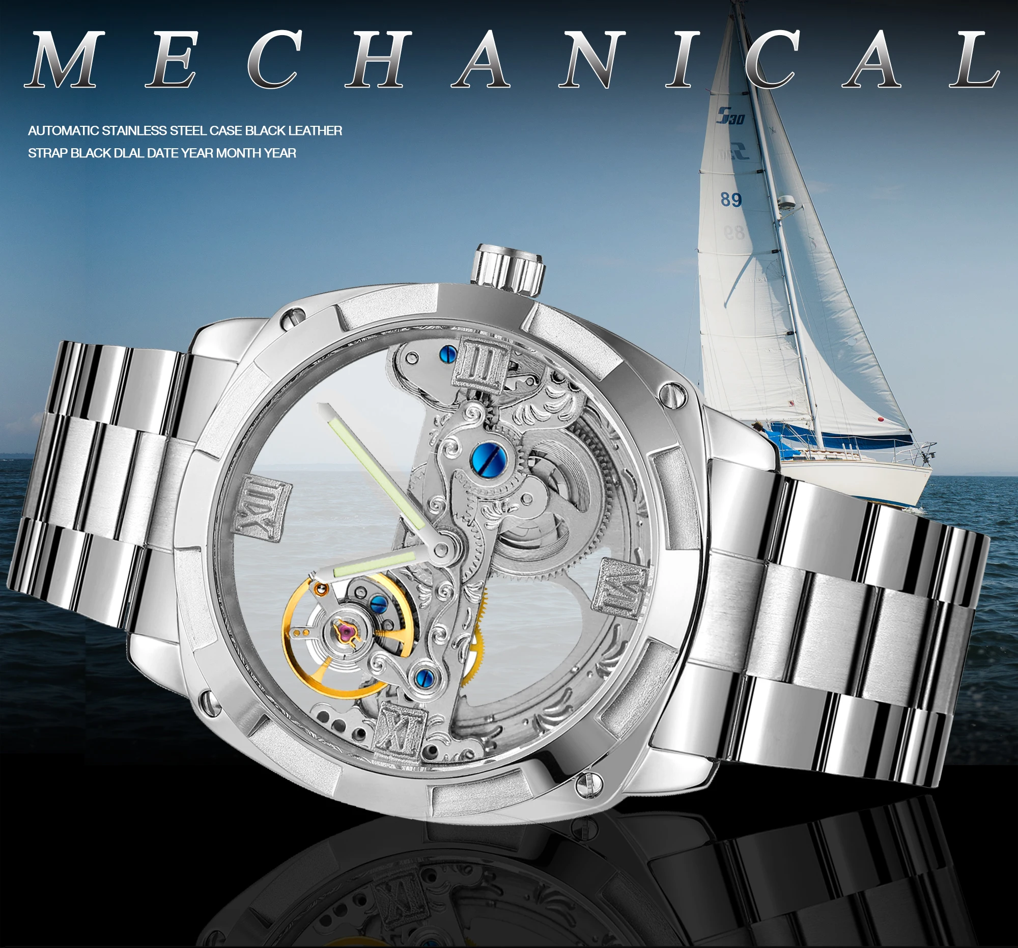 Mechanical Watch Forsining Men Transparent Design Mechanical Watch Automatic Silver Square Golden Gear Skeleton Stainless Steel Belts Clock Saati Mechanical Watch