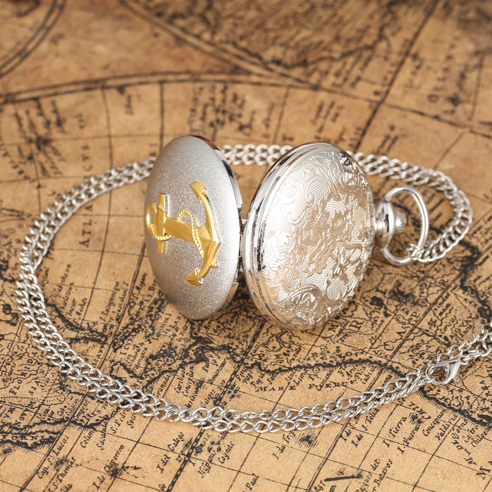 Quartz Pocket Watch Men Silver Vintage Classic Design Anchor Souvenir Gift with 80cm Necklace Chain quartz watch pocket watch