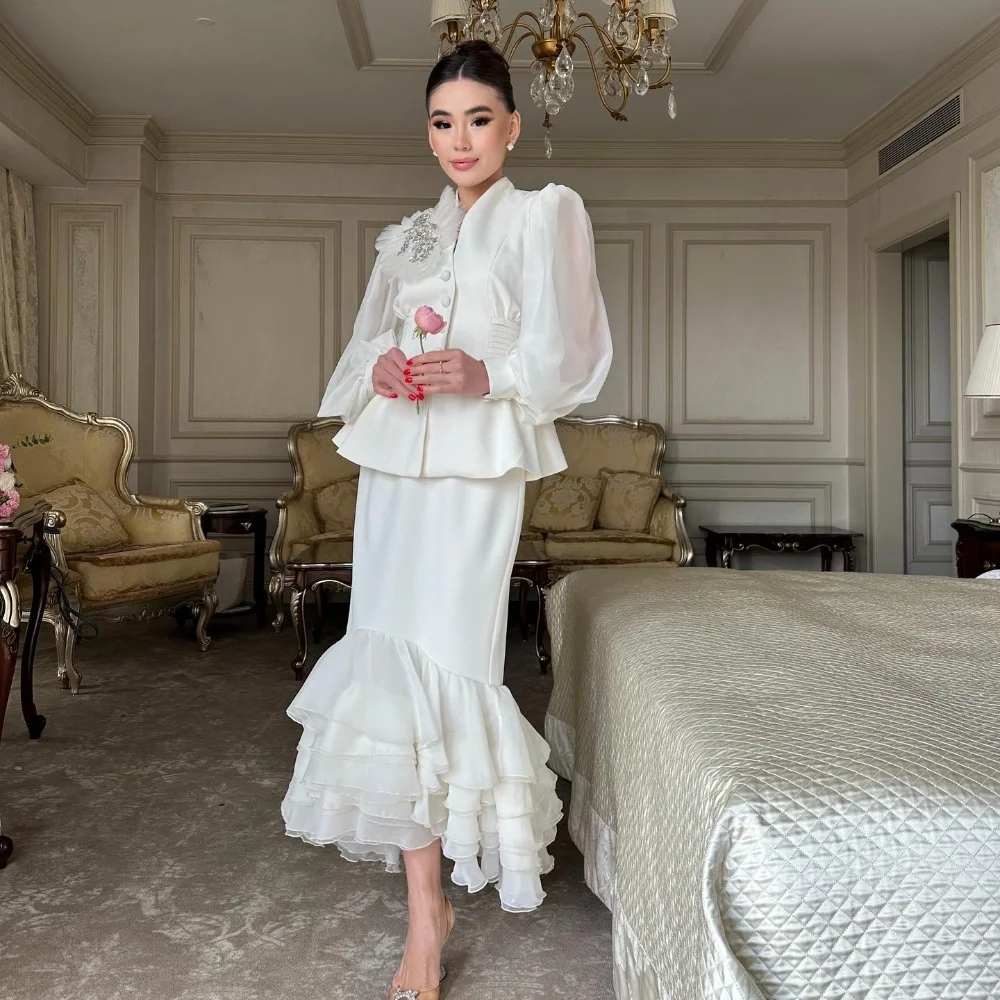 Jiayigong-Robe de Sirène Drapée à Plusieurs Niveaux, Tenue Personnalisée en Jersey, à Col Haut, sur Mesure, pour Occasions, Mi-Longue