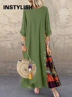 Women Vintage Print Patchwork Maxi Dress Boho 3/4 Sleeve Oversized Long Dress Casual Harajuku O Neck Loose Dress Elegant Robe