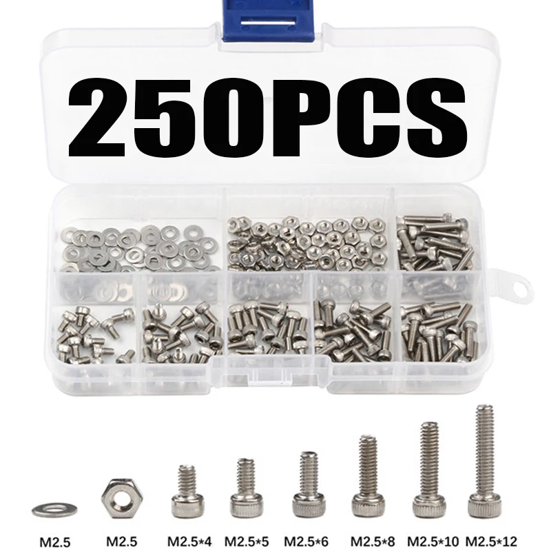 

250PC M2.5 Hex Socket Screws Bolts Nut Stainless Steel Cap Head Screw Washers Fastener Assortment Kit Repair Tools Set
