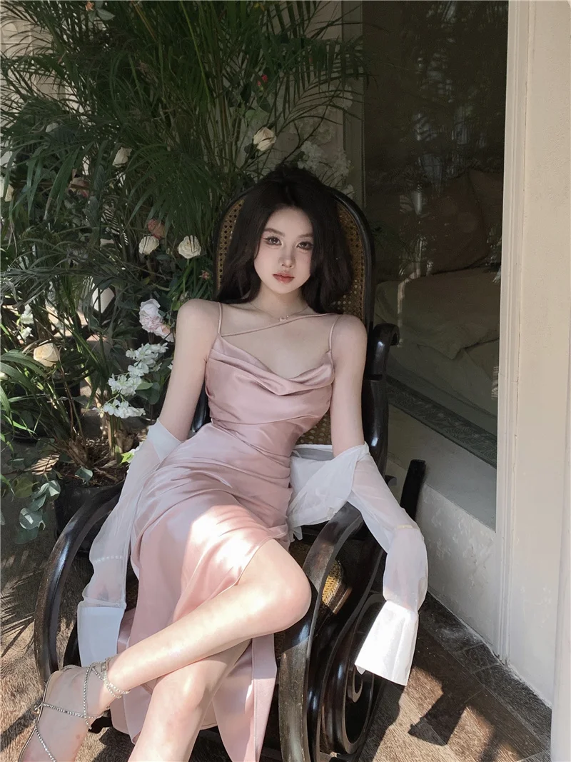 Sexy Satin Midi Dress Women New Summer Spaghetti Strap Slim Swinging Collar Split Evening Party Dresses Prom One Piece Vestido