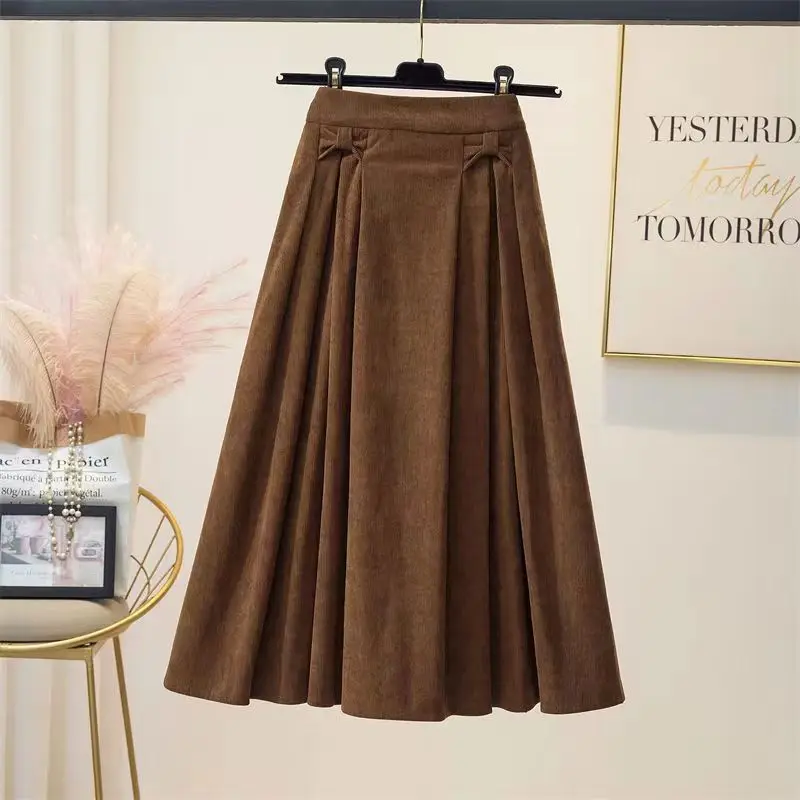 Warm Long Skirt Corduroy Pleated Skirt for Women, High Waisted, Mid Length, Slim, Retro, New, Autumn, 2023