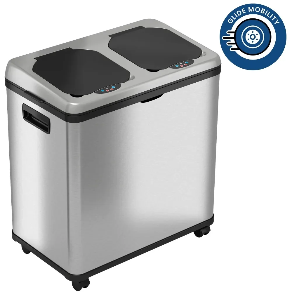 

2 Compartment Recycle Touchless Trashcan 16 Gallon Stainless Steel Recycling Bin Dustbin Automatic Trash Can for Kitchen Cans