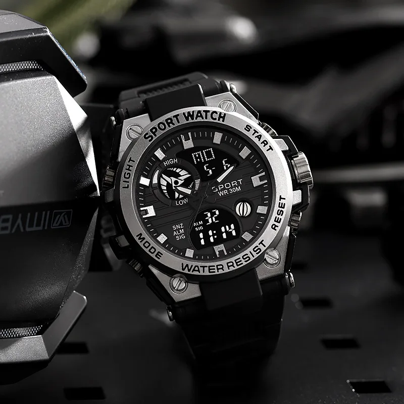 Men's electronic watch multifunctional youth outdoor sports luminous quartz dual display watch