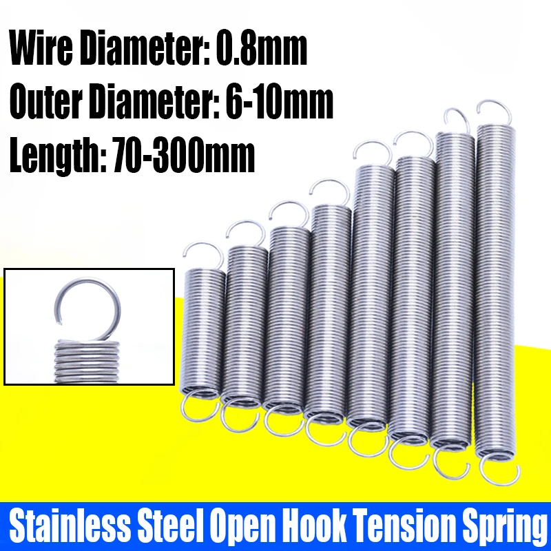 

1/2PCS 0.8mm Wire Dia 304 Stainless Steel Open Hook Tension Spring S Hook Extension Spring Coil Pullback Spring L=70-300mm