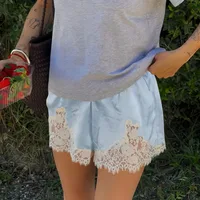 Lace Trim Wide Leg Shorts For Women's Vintage Satin Silk Patchwork Elegant Casual Commuting At Home Comfortable Sleeping Pants - Image 4