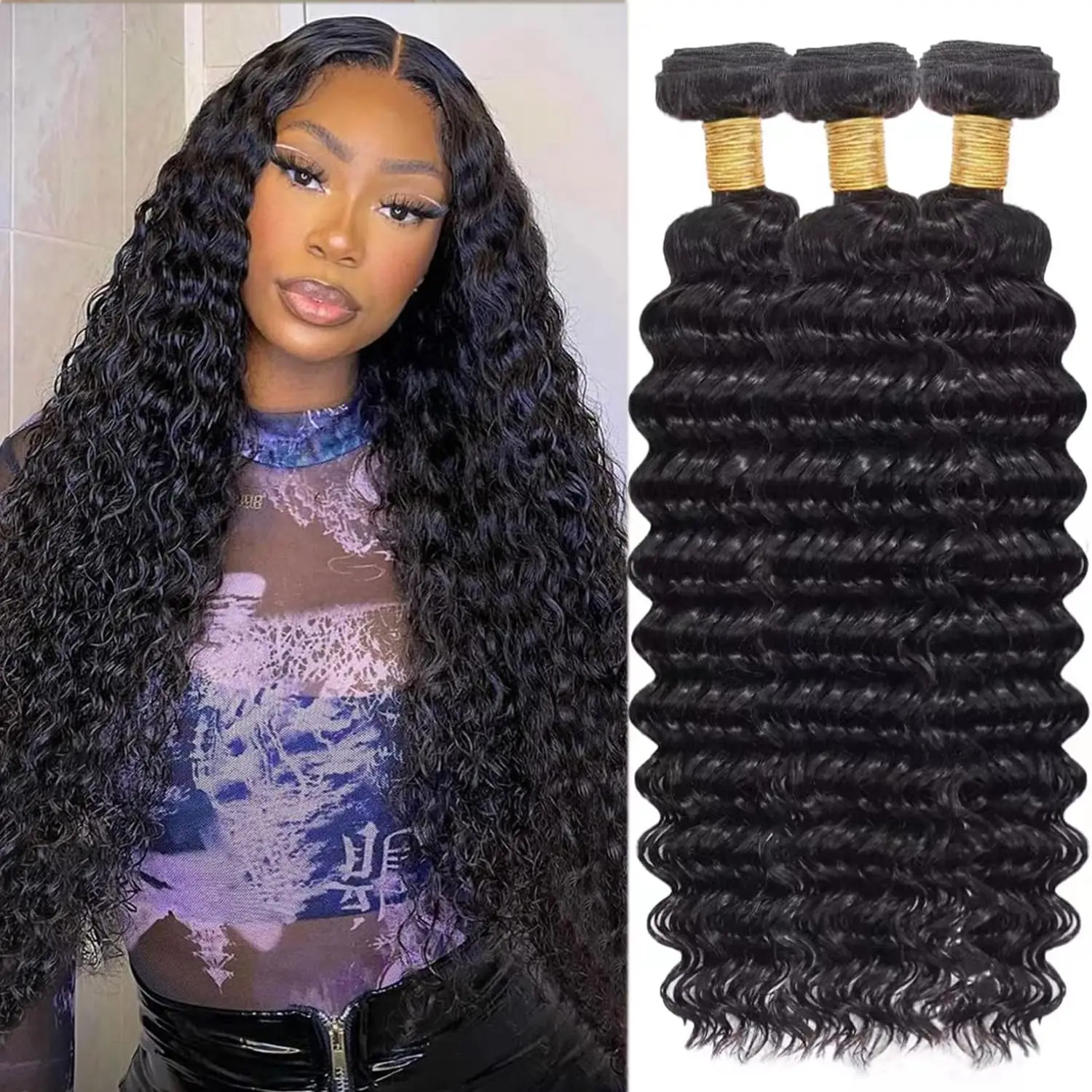 Deep Wave Bundles Human Hair Bundles Brazillian Hair Extensions 30 Inch Curly Wave Soft For Women