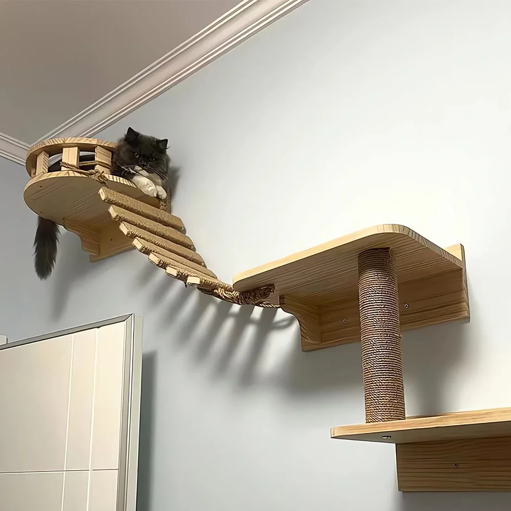 

Wall Mounted Cat Shelves Sisal Rope Ladder Cat Hammock with Wooden Steps and Jumping Platform for Kitten Perch and Playing