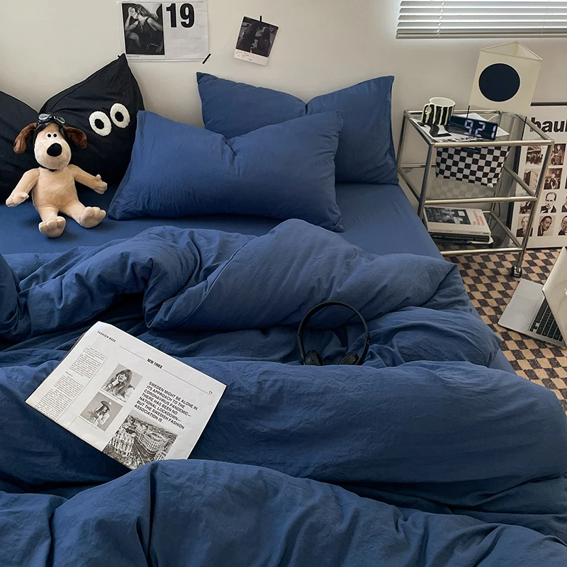 

1pc Blue Duvet Cover 150x200 이불커버세트 Washed Cotton Quilt Cover Queen Size Bed Linen for Girls Boys Room (Pillowcase Need Order)