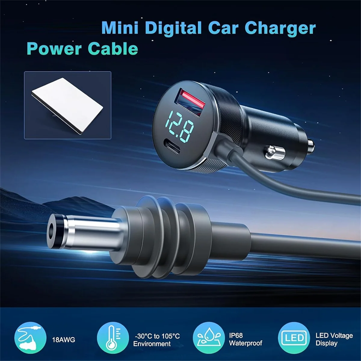 Y02A3-in-1 for Starlink Mini DC Power Cable 65W Fast Charger Type-C USB Socket Cigarette Lighter with LED Voltmeter Display