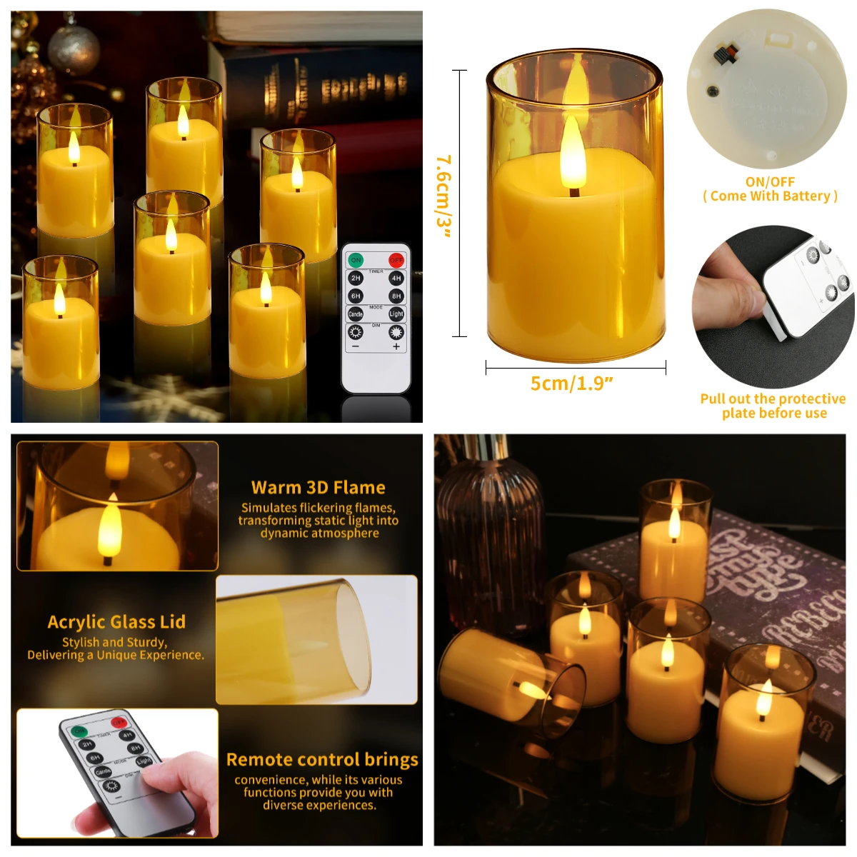 Flameless Candles With Remote Control, Flickering LED Glass Floral Branch Decal