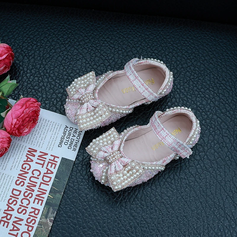 Elegant Girl's Princess Shoes Beading Bowknot Four Colors Children Mary Janes Sweet Party 21-37 Beautiful Fashion Kids Flat Shoe