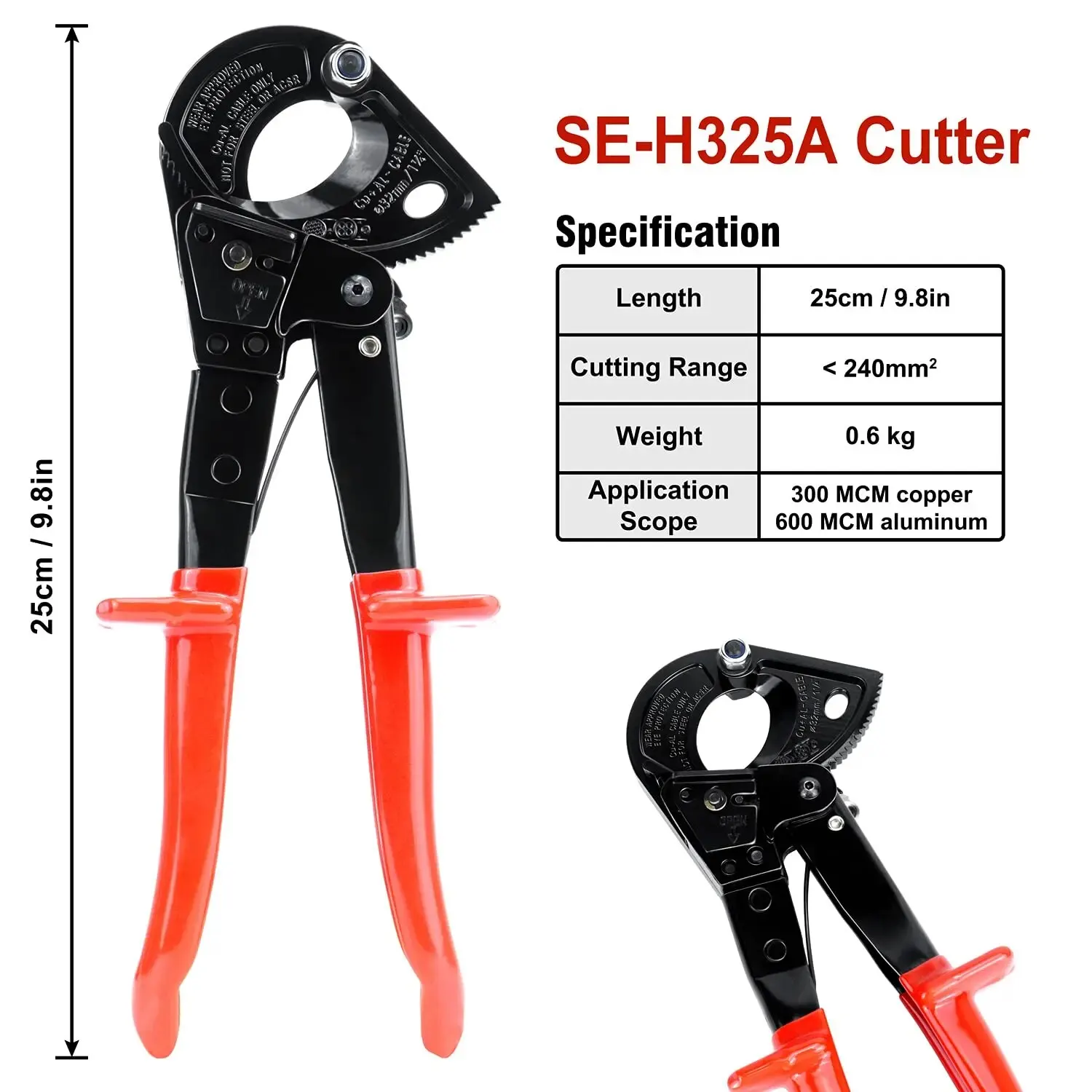 Wire Cutter 1pc Ratcheting Heavy Duty Electricians Cutting Aluminum Copper Soft Wire up to 600MCM HS-325A