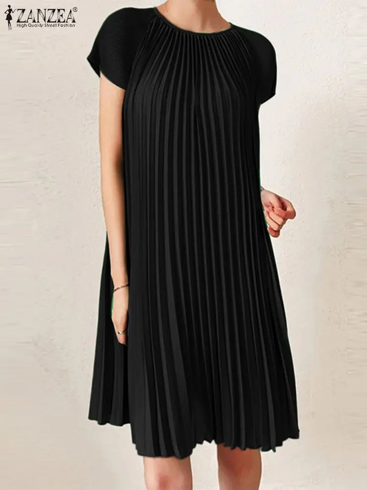 

ZANZEA Fashion Short Sleeve Vestidos 2024 Summer O-Neck Pleated Dress Women Party Elegant Sundress Casual Solid Color Mini Robe