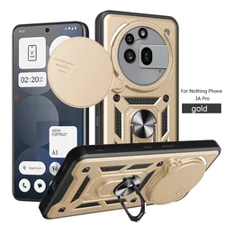 Enhanced Slide Lens Protector Case with Magnetic Ring Stand Holder for Nothing Phone (3a) Pro (Gold)