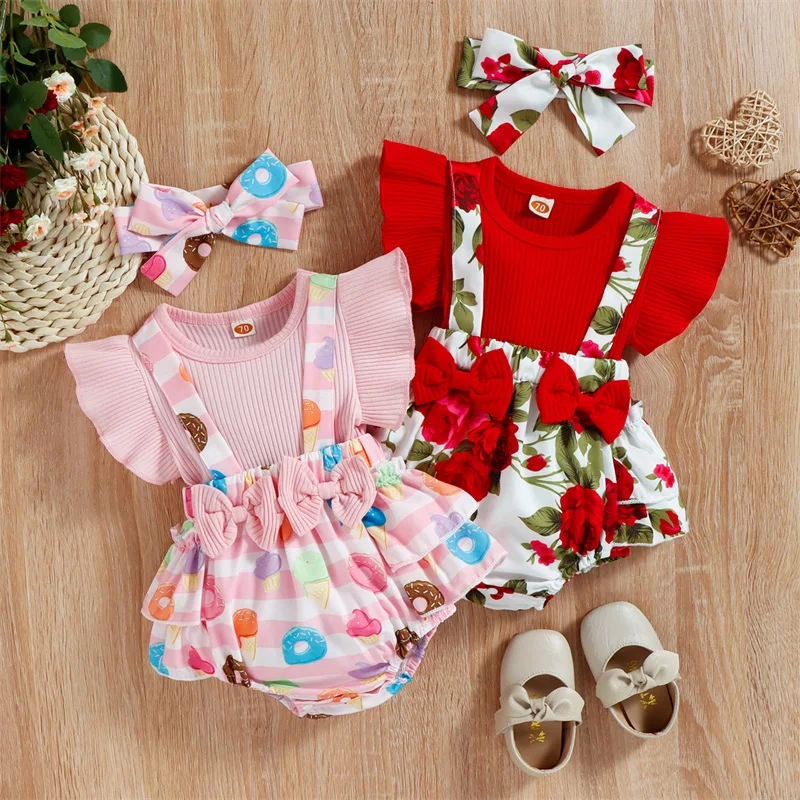 

Infant Baby Girl Outfits Set Fake Two Piece Suspender Bowknot Patchwork Donut/Flower Printed Ruffle Triangle Romper Headband