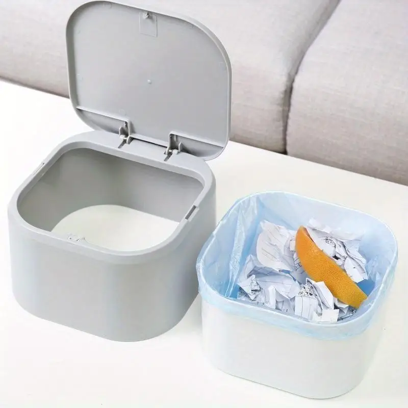Mini Press Type Pop-up Trash Can Plastic Solid Color Nordic Style Small Covered Trash Can Living Room Table Office Desk TrashCan