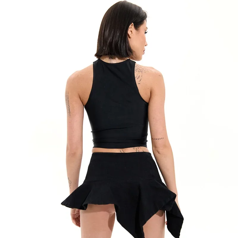 Camisetas de verano informales de color sólido Y2k, nuevas, a la moda, ajustadas, huecas, sexys, cortas, para mujer, sin mangas, con cremallera y cuello redondo, camiseta sin mangas para mujer