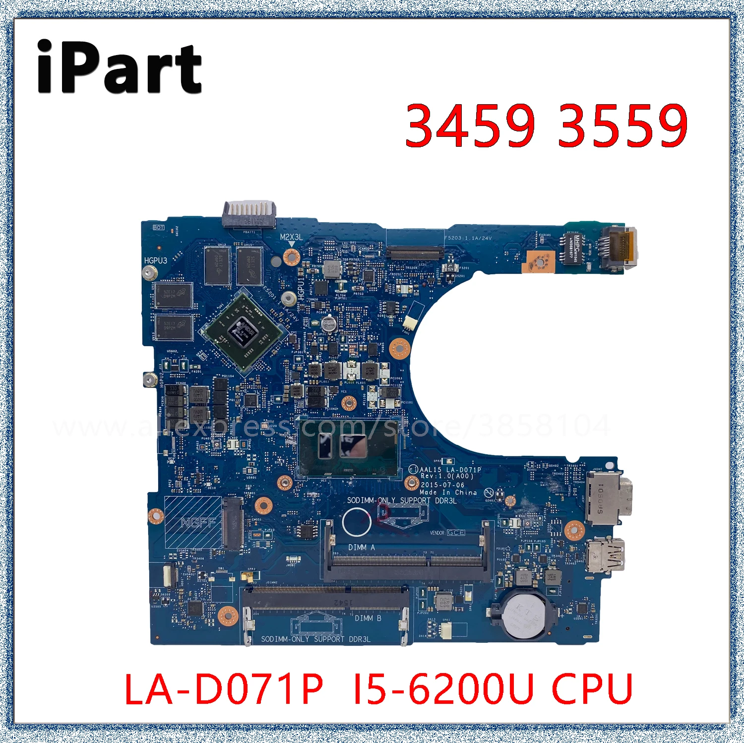 

Материнская плата для ноутбука Dell Vostro 3459 3559, фотосессия, центральный процессор R5 M335, 2 Гб, фотографический процессор, системная плата 085Y8T