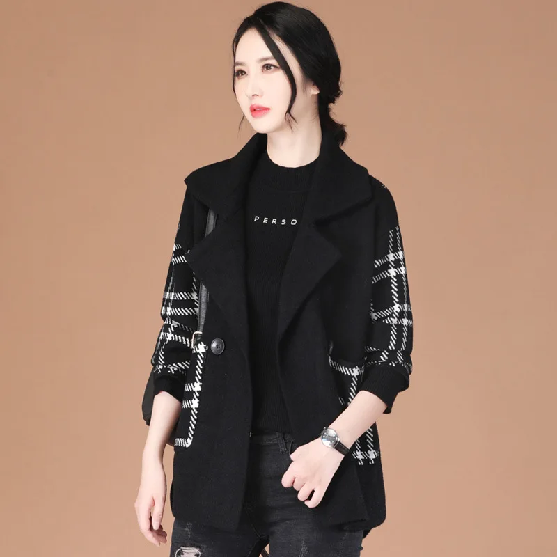 칼라 긴 격자 무늬 모직 코트 가을 겨울 2023 새로운 한국어 숙녀 폴리 에스터 두꺼운 코트 단추 사무용품 세 35-45