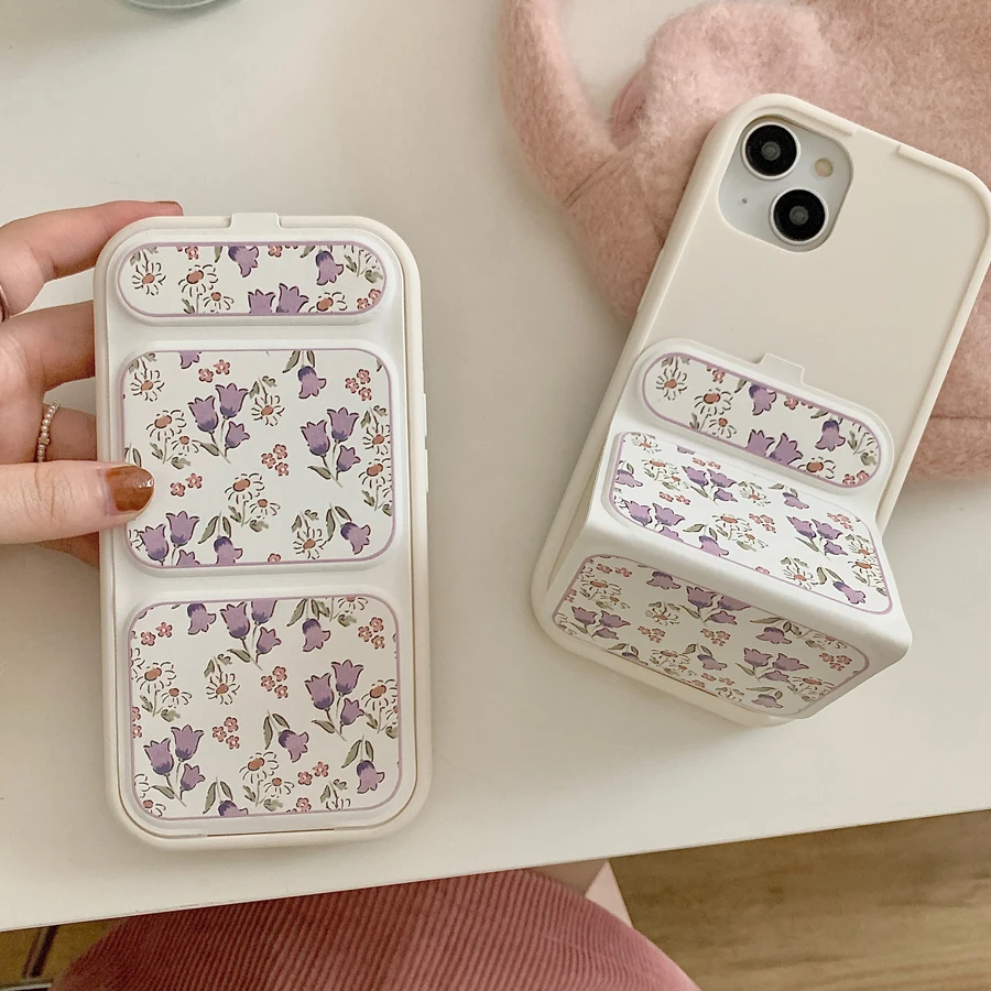 Charming Floral Leather Folding Stand Phone Case with Lens Protection