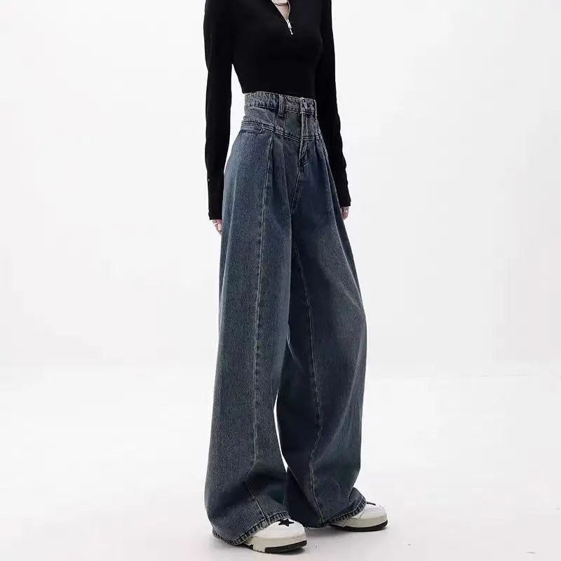 

Women's Autumn Winter New Fashion Retro Solid Color Pockets Korean Loose Fitting High Waisted Straight Leg Wide Leg Pants