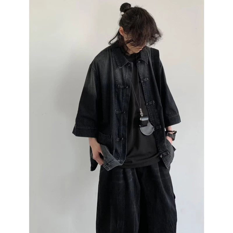 Ancient Style Denim Shirt Mens Halo Dyed Washed Single Breasted Short Sleeved Jacket Lapel Collar Tops