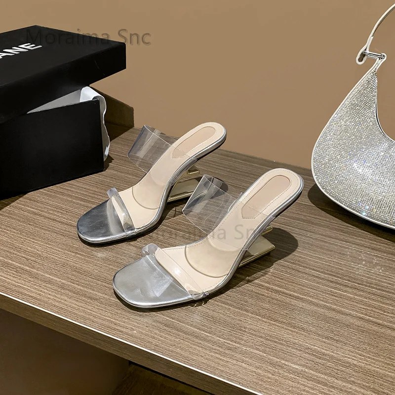 Strange Style Transparent Sandals Female 2023 Summer New One Strap Sexy Pvc High Heels Slippers for Women Party Office Shoes