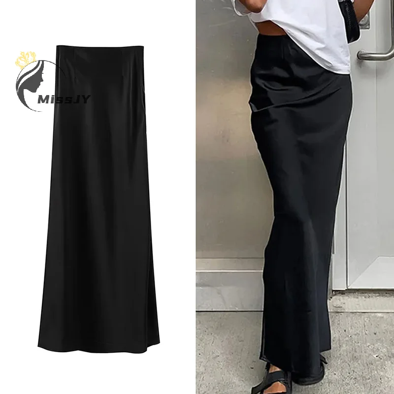 

Модная атласная Черная длинная юбка для женщин Y2K, облегающие бедра юбки с высокой талией, Женская Новая повседневная Свободная юбка, уличная одежда