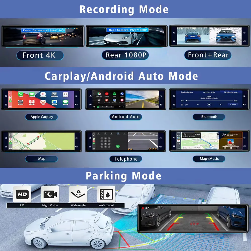 Dash Cam 4K 2160P da 11,26 Pollici con Carplay, Android Auto, Doppia Lente, Wifi, GPS, BT, FM, Registratore Video per Auto, Specchietto Retrovisore con Telecamera - immagine 5