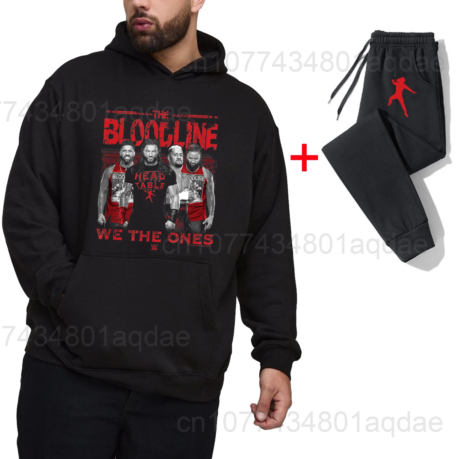 2025 Autumn/Winter New Hot Wrestling Fans Men's Roman Reigns Black pullover casual pants street casual sports fashion black set 5