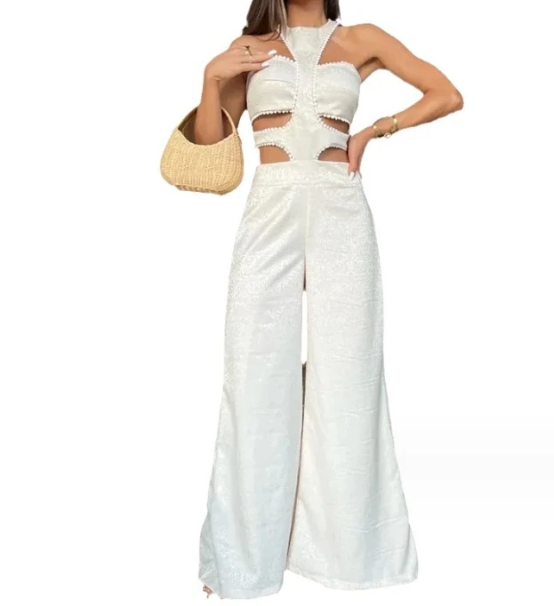 New Sexy Temperament Summer Elegant Sleeveless Fashion Hanging Neck Style Hollow Out Design Feeling Wide Leg Jumpsuit for Women