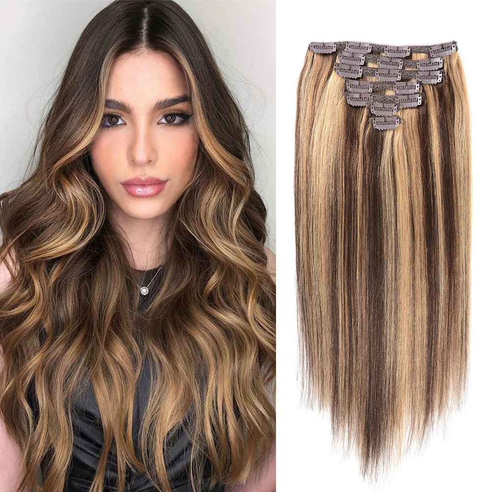 

12 to 26 P4/27 Chocolate Brown Caramel Blonde Clip In Hair Extensions Human Hair Machine Remy Natural Hair Clip in for Thin Hair